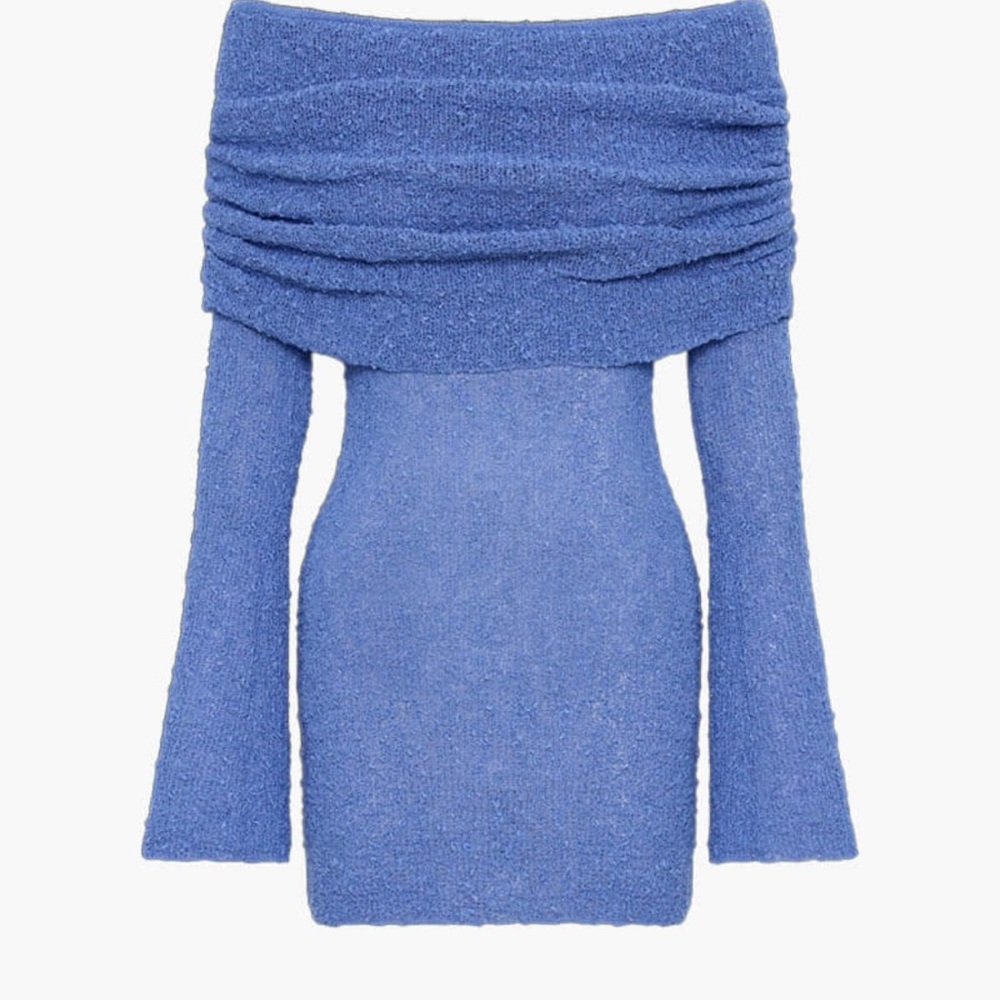 Blue Off-the-Shoulder Sweater Dress with Bell Sleeves